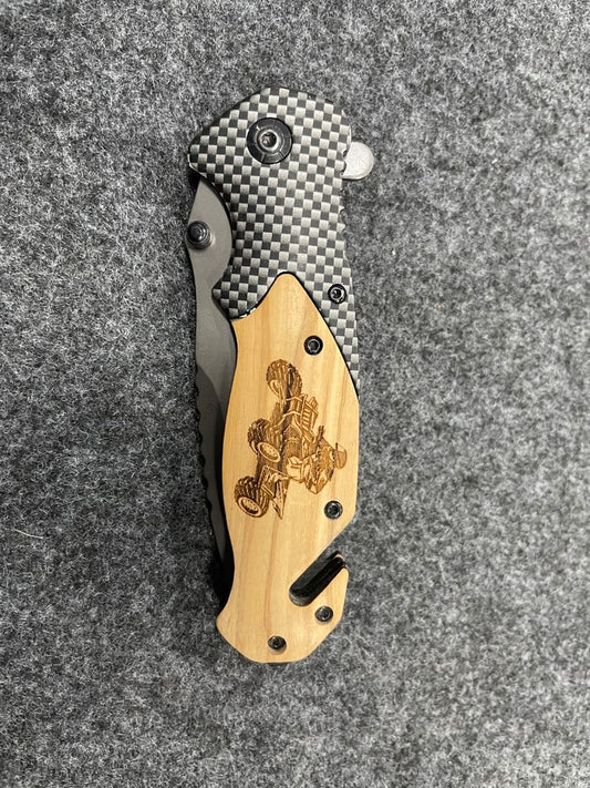 Laser Etched, "ATV & Rider" 3 3/8" Olive Wood Knife