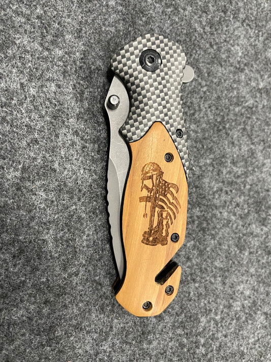 Laser Etched, "Tribute to Soldier" 3 3/8" Olive Wood Knife